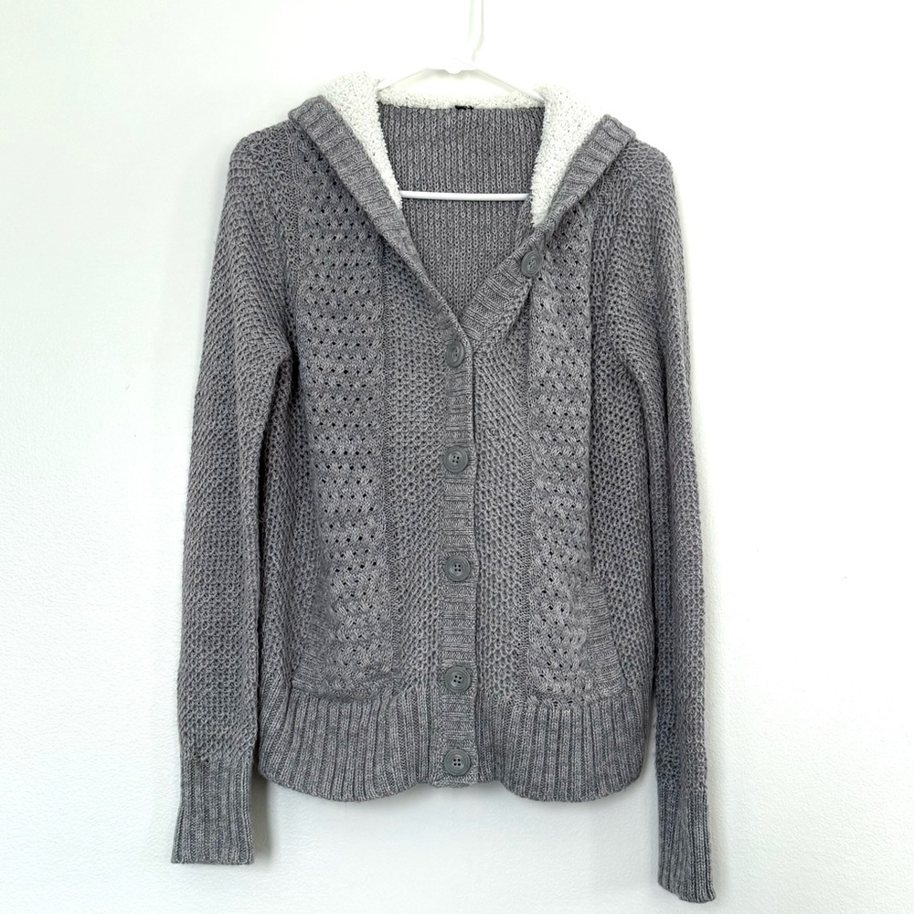 Cozy Heather Gray Knit Women's Cardigan Sweater With Fleece Hood And Pockets